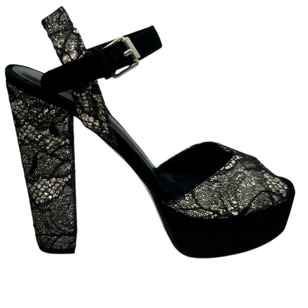 KURT GEIGER BLACK LACE OVER SILVER GLITTER PLATFORM HEELED SANDALS